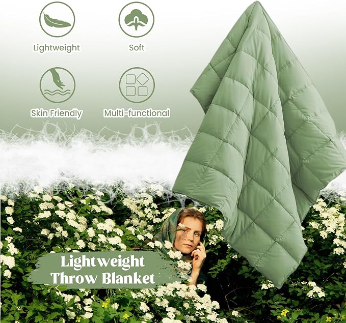 puredown® Soft Feather Down Throw Blanket Lightweight Packable Couch Throw for Indoor and Outdoor Use, Throw 50"X70", Sage Green