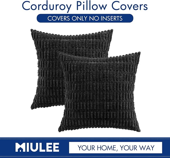 MIULEE Pack of 2 Corduroy Decorative Throw Pillow Covers 18x18 Inch Soft Boho Striped Pillow Covers Modern Farmhouse Home Decor for Sofa Living Room Couch Bed Black | Soft Boho Striped Pillow Covers Modern Farmhouse Home Decor For Sofa Living Room Couc...