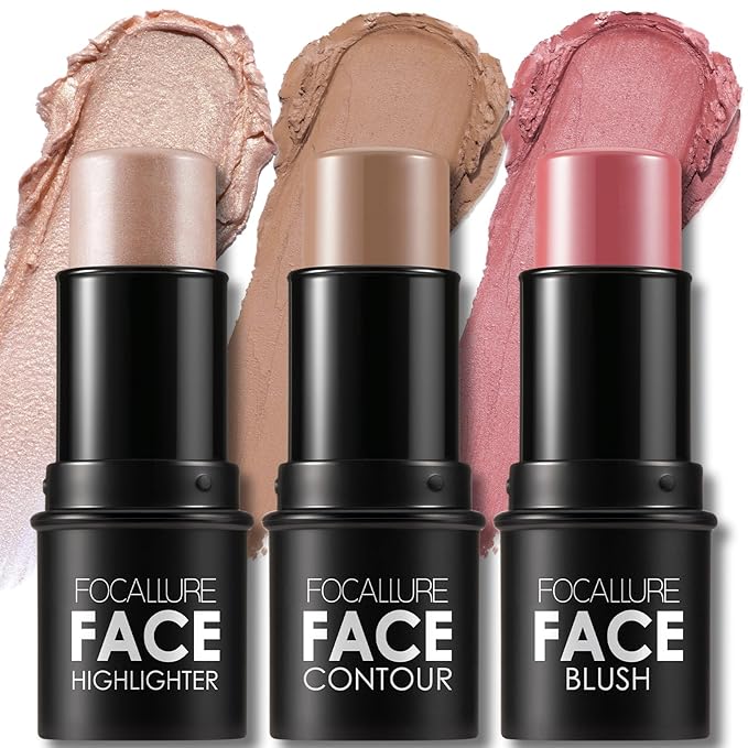 FOCALLURE 3 Pcs Cream Contour Sticks,Shades with Highlighter Bronzer Blush,Non-greasy Long Lasting Face Contouring Pen,Easy to Sculpt the Face and Create a Lightweight Finishing Makeup (MEDIUM SKIN)