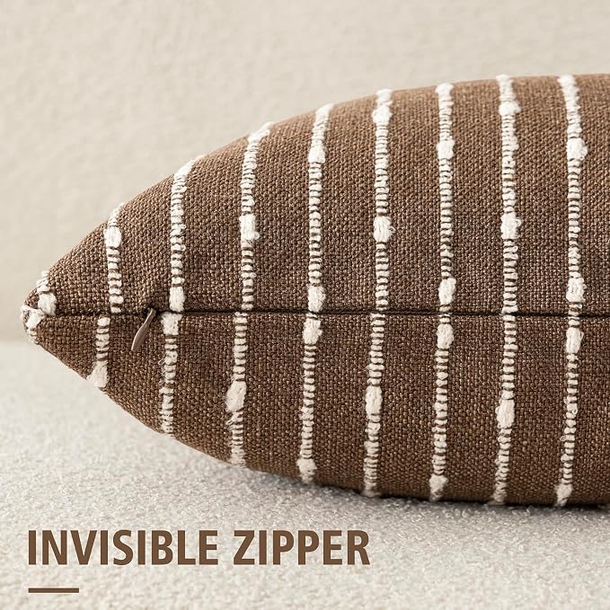 Foindtower Pack of 2 Decorative Jacquard Boucle Throw Pillow Covers Accent Textured Striped Pillowcases Soft Boho Modern Cushion for Couch Sofa Bedroom Living Room Home Decor 20x20 Inch Brown