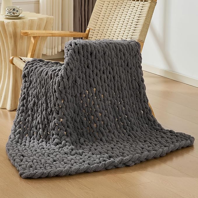 Bigacogo Chunky Knit Throw Blanket for Couch, 40x40 inches, Slate Gray | Hand Knit with Jumbo Chenille, Soft Breathable Cable Knit for Sofa Bed Living Room, Machine Washable, Gift for Mom Friend