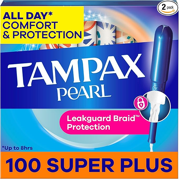 Tampax Pearl Tampons for Women, with LeakGuard Braid, Super Plus Absorbency, Unscented, 100 Count (2 Packs of 50)