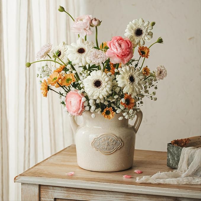 Rustic White Ceramic Vase, 5.8 Inch Vintage Flower Vases with Handle, Farmhouse Distressed Decorative Vases for Home Decor, Wide Mouth Vase for Living Room Bedroom Table Shelf Decorations