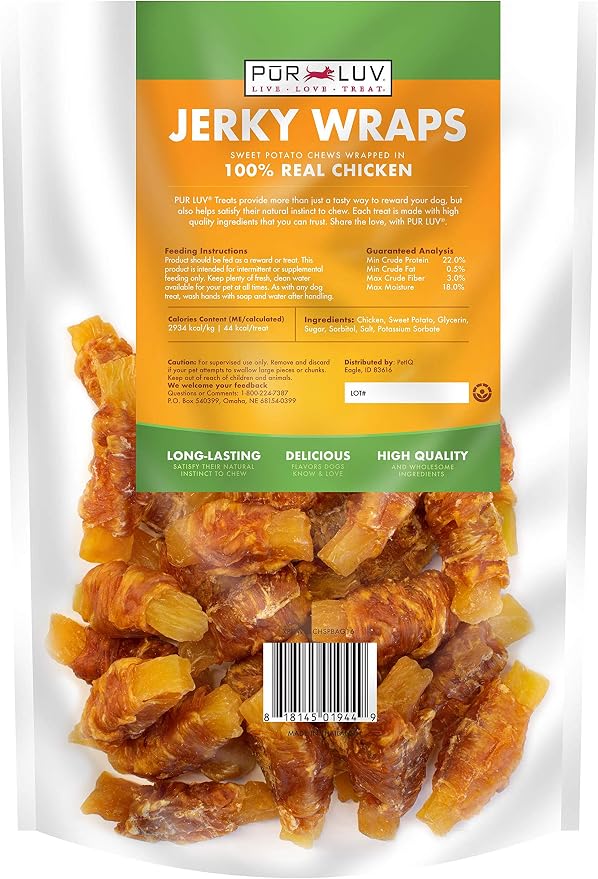 Pur Luv Chicken Wrapped Sweet Potato Dog Treats, Rawhide Free Jerky Wraps, Made with Real Chicken, 16 Oz, Healthy, Easily Digestible, Long Lasting, High Protein Treat, Satisfies Dog's Urge to Chew | Rawhide-free, high-protein jerky wrap: real chicken a...