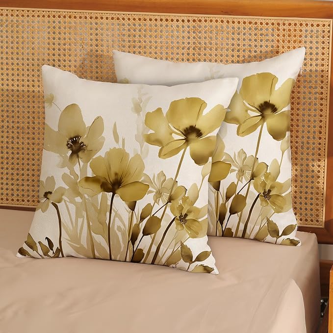 Spring Floral Pillow Covers 18x18 Inches Set of 2,Yellow Floral Throw Pillow Covers Outdoor Summer Flower Decoration Pillowcase Farmhouse Decorative Square Decor Cushion Cover for Couch Sofa