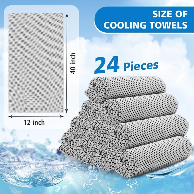 24 Pack Cooling Towels Bulk for Neck and Face 40"x12" Ice Cooling Sweat Rags Microfiber Soft Breathable Soft Chilly Towel for Yoga Golf Sport Running
