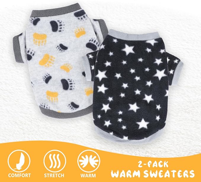2 Pieces Dog Sweaters for Small Boy Fleece Puppy Sweater for Teacup Chihuahua Yorkie Clothes Soft Warm XXS Dog Clothes Doggie Pet Outfit Apparel Dog Paws, Stars Print,Medium