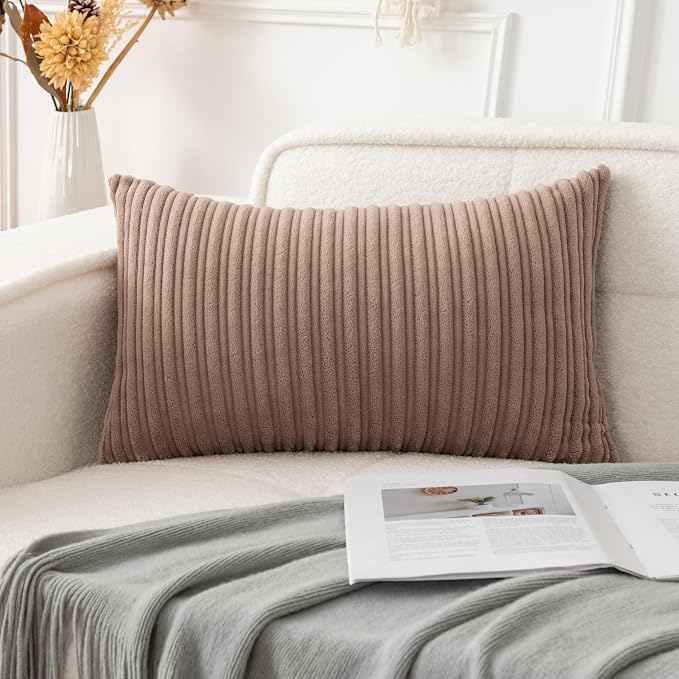 UGASA 12x24 Inch Pillow Cover Pack of 1 Soft Boho Stripe Corduroy Long Rectangle Lumbar Cushion Case Farmhouse Decorative Throw Pilowcase for Bed, Couch, Sofa, Bedroom, Living Room, Light Brown