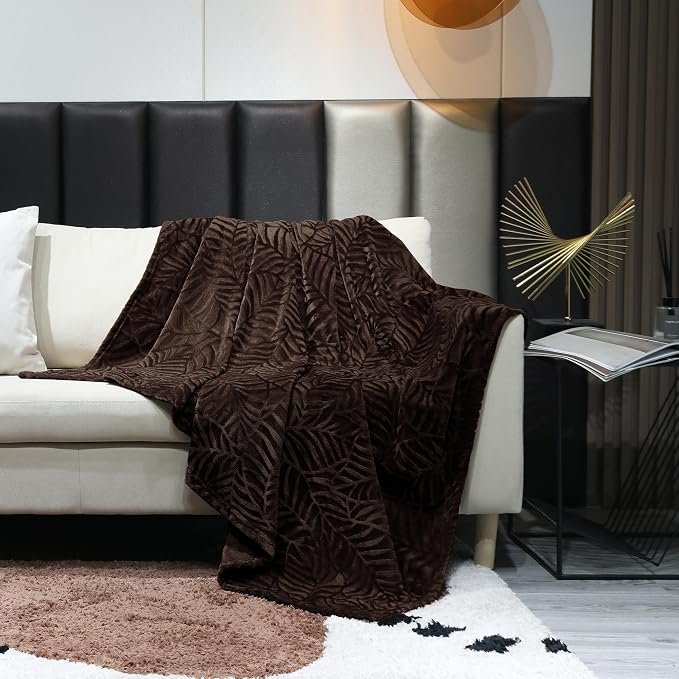 Super Soft Flannel Fleece Throw Blanket, 50 x 60 Inches, Brown | Lightweight Cozy Warm Leaves Textured Plush Blanket for Bed Couch Sofa