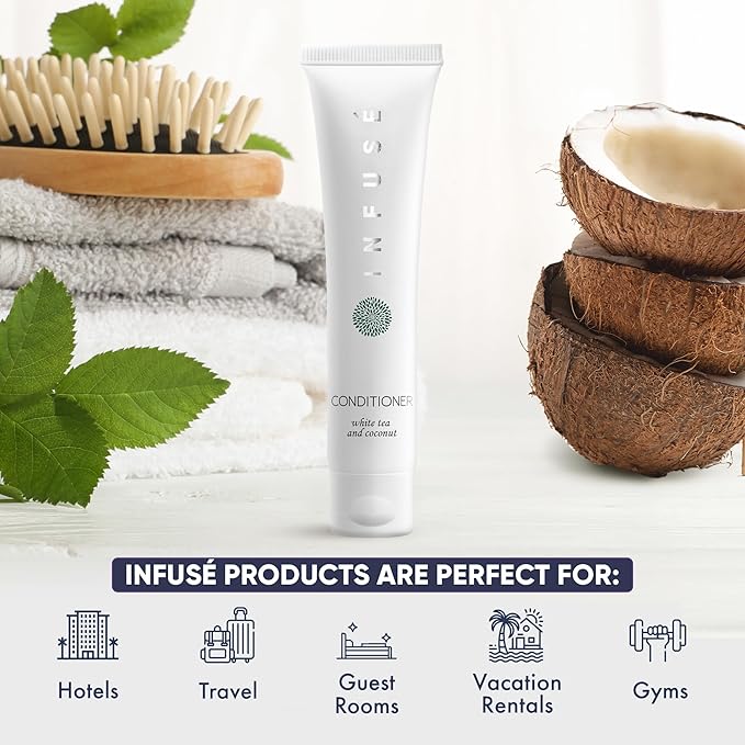 Travel Size Hotel Conditioner 200 Count 1 oz Bottles Guest Amenities for Hotels Vacation Rentals and Short Term Rentals Paraben Free White Tea and Coconut Scent Infused with Aloe & Olive Oil by INFUSE