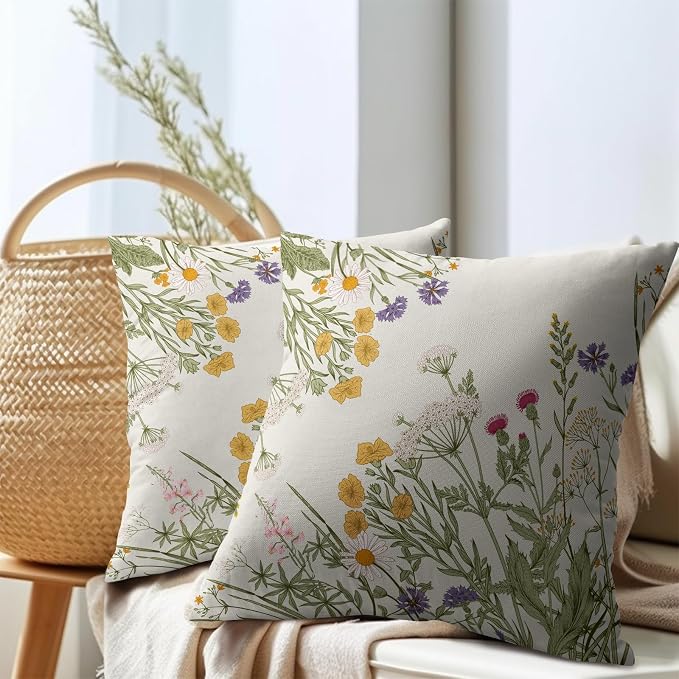 Kawani Wildflower Throw Pillow Covers 16x16 Inch Set of 2 Nature Spring Botanical Herb Plants Floral Square Pillowcase Cotton Linen Cushion Case for Couch Sofa Bedroom Living Room Car
