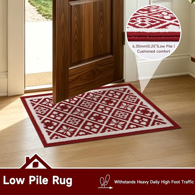 Ileading Christmas Entrance Door Mat, Absorbent Dog Mats for Muddy Paws, Low-Profile Small Red Xmas Decor Kitchen Runner Rug with Non-Slip Backing, Machine Washable Entryway Welcome Mat(Red 24"X36")