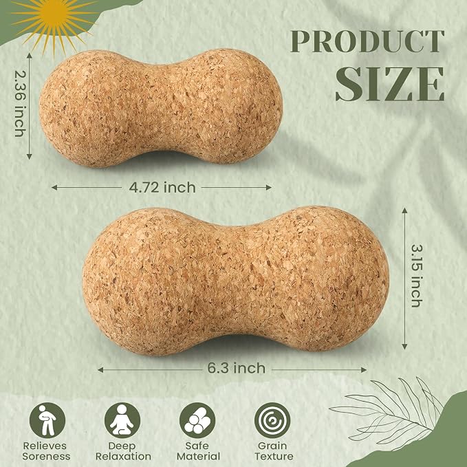 Novabright 2 Pcs Cork Peanut Massage Ball Double Lacrosse Ball Peanut Roller for Myofascial Release, Muscle Relaxation Acupoint Massager for Back, Shoulder, Feet Pain Relief(4.7 and 6.3 Inches)