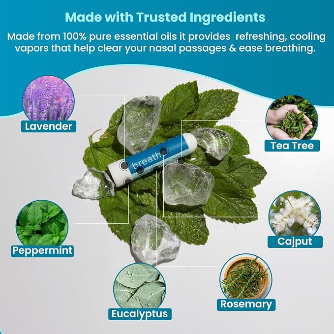 MOXE Breathe | Himalayan Salt Inhaler | Help Clear Congestion, Boost Focus and Improve Breathing | Natural Aromatherapy | Peppermint, Lavender and Tee Tree Essential Oil (6 Pack)