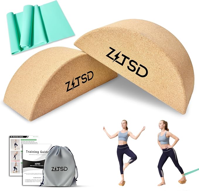 Half Moon Cork Yoga Blocks, 2 Pack Balance Trainer | Half Moon Cork Blocks For Balance Work | Foot Placement Drills | Ankle Mobility and Calf Stretching | Bag and Guide Included