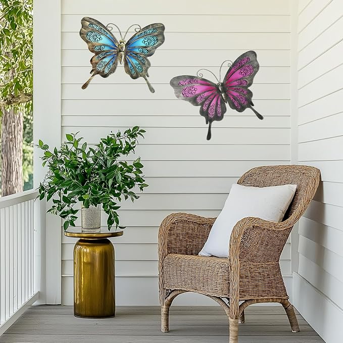 LIFFY Metal Butterfly Wall Decor,2Pack 12" Glass Butterfly Outdoor Wall Art Sculptures,Hanging Garden Decor Outside for Home,Yard,Fence,Patio