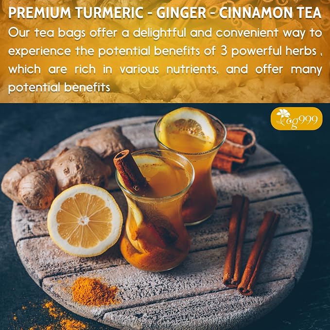 TOG999, Premium 10 Tea Bags Turmeric, Ginger, Cinnamon, 100% Natural, Hand-made Blend of Turmeric, Ginger, and Cinnamon Herbal Tea. Eco-conscious Tea Bags. No Sugar, No Caffeine, No Gluten, Vegan.