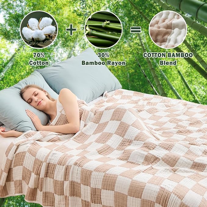 EMME Cooling Muslin Queen Blanket for Bed - Checkered Lightweight Summer Cotton Blankets of Rayon Derived from Bamboo for Hot Sleepers, Ultra Soft Breathable Gauze