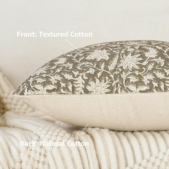 FIOUOVO Floral Throw Pillow Covers 20x20 Farmhouse Block Print Pillow Covers Decorative Pillow Covers Couch Pillows for Living Room Vintage Accent Sofa Pillows Set of 2, Olive Green