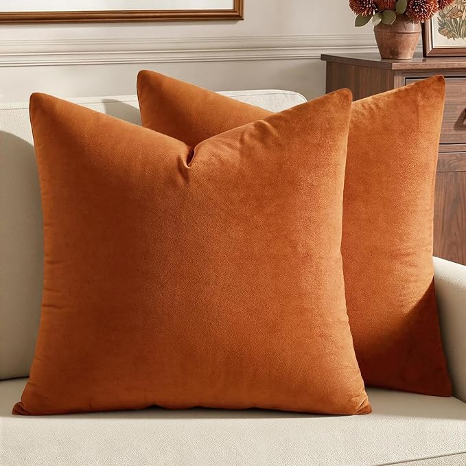 MIULEE 26x26 Inch Pack of 2 Euro Fall Velvet Throw Pillow Covers Orange | Soft Solid Decorative Euro Sham, Modern Luxury Home Decor, for King Bed Sofa Couch Bedroom Livingroom