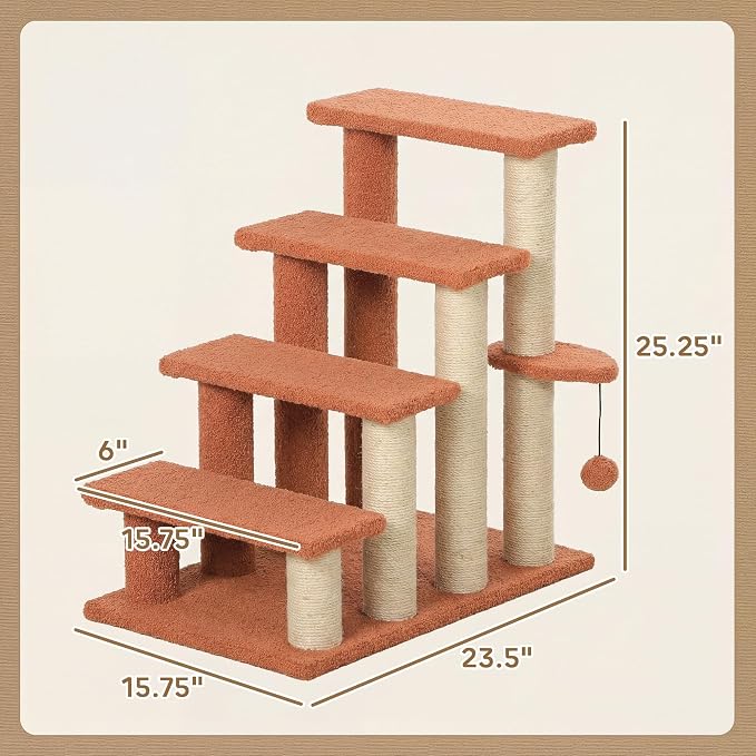 PawHut 4 Levels Cat Steps, Pet Stairs Carpeted Ladder, Kitten Tree Climber with Scratching Posts, Hanging Play Ball, Side Step, for High Bed, Sofa, Brown | Kitten Tree Climber, Scratching Posts, Hanging Play Ball, Side Step, for Sofa