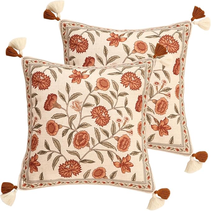Vintage Linen Square Throw Pillow Cover,Set of 2,18"x18"-Albano A | Designer French Pillow Cover,Concealed Zipper Design,Orange Floral Pattern,Sofa,Bedroom,Living Room,Lounge Chairs