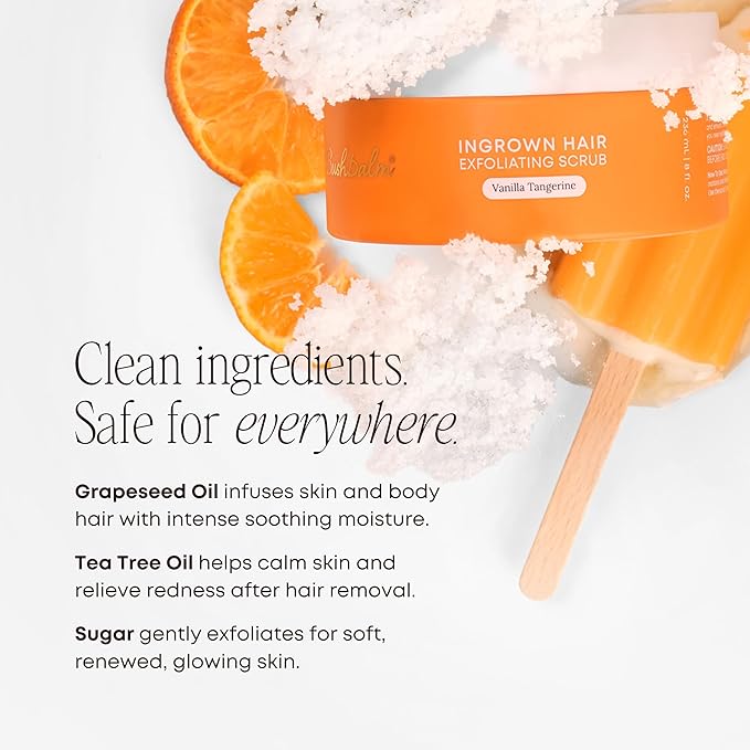 Bushbalm Ingrown Hair Exfoliating Scrub – Pre-Shave Sugar Scrub for Ingrown Hairs, Razor Bumps & Dry Skin – Gently Buffs & Soothes Sensitive Skin - Vanilla Tangerine 236 ml - Formerly Sweet Escape
