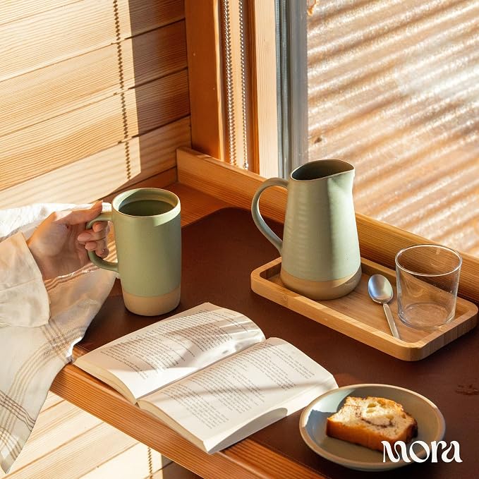 MORA Ceramics Large Tea Mug with Loose Leaf Infuser and Ceramic Lid, 18 oz, Portable, Microwave, Dishwasher Safe, Tall Coffee Cup - Rustic Matte Ceramic Glaze, Modern Herbal Tea Strainer, Thyme