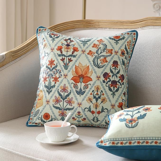 Linen Square Throw Pillow Cover,Set of 2,18"x18"-Floralsea A | Designer French Elegant Pillow Cover,Concealed Zipper Design,Sofa,Bedroom,Living Room,Lounge Chairs,All Season Home Decor
