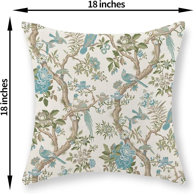 Teal Green Floral Bird Pillow Covers 18x18 Inch Set of 2 Chinoiserie Throw Pillows Vintage Flowers Bird Decorative Pillow Cases Outdoor Chinoiserie Decor Farmhouse Cushion Case for Couch Sofa