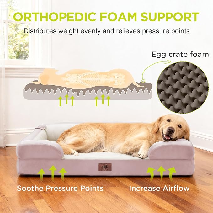 Waterproof Orthopedic Dog Bed for Extra Large Sized Dogs | Memory Foam Pet Bed Sofa with Bolster, Dog Couch with Washable Cover & Non-Slip Bottom, 42x30 Inch, Pink
