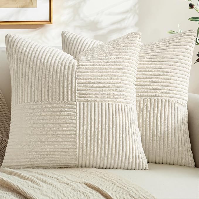 MIULEE Cream White Decorative Euro Sham Pillow Covers 24x24 Inch 2 Pack | Beige Neutral Boho Farmhouse Pillow Covers, Soft Cross Corduroy Patchwork Textured Cushion Cases For Couch Bed Sofa
