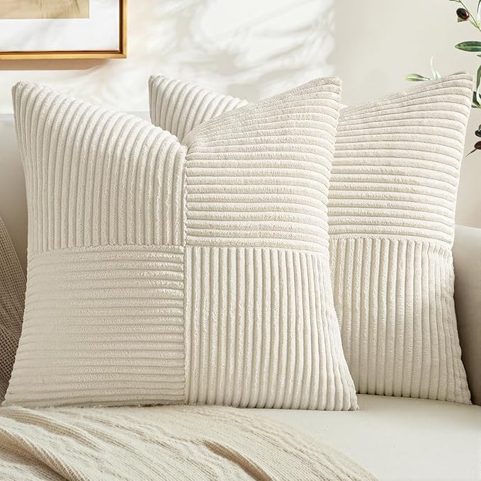 MIULEE Cream White Decorative Throw Pillow Covers for Couch 22x22 Inch | 2 Pack, Beige Neutral Boho Farmhouse Pillow Covers, Soft Cross Corduroy Patchwork Textured Cushion Cases For Bed Sofa