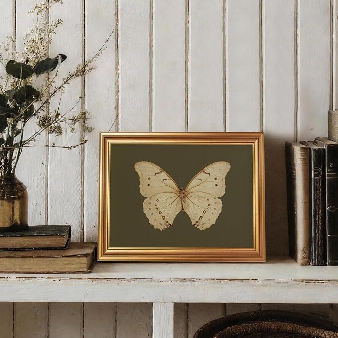 JLTULT Gold Framed Butterfly Wall Art, Dark Green Canvas, 8 x 10 Inches | Ivory butterfly art on fade-resistant dark green canvas with a ready-to-hang gold-tone PS frame for bedrooms and offices