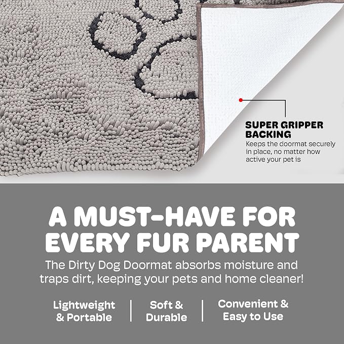 Dog Gone Smart Dirty Dog Doormat - Fast Drying Rug - Silver Grey 23 x 16 in | Super Gripper Backing for Clean Floors - Absorbent Microfiber and Machine Washable Mat for Muddy Paws