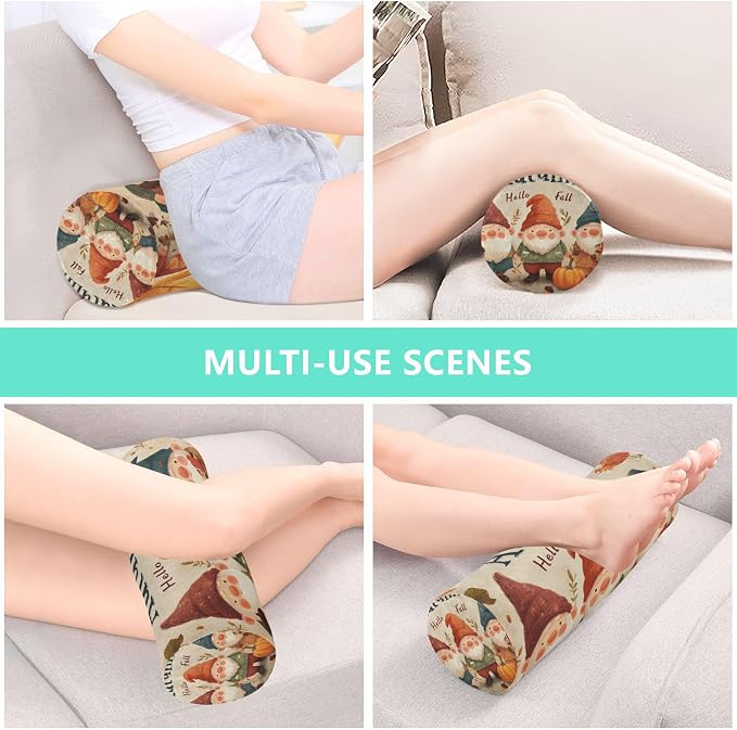 Fall Gnomes Pumpkin Maple Leaves Neck Roll Pillow Bolster Round Health Memory Foam Long Cervical Cylinder Pillows with Removable Washable Cover for Body Bed Legs Back Yoga