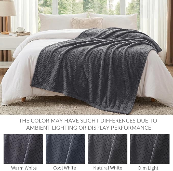 Exclusivo Mezcla Soft Fleece Blanket Twin Size for Bed, Sofa, Dark Grey | 90"x66" Breathable Lightweight Flannel Blanket for Summer, Plush Cozy Jacquard Wave for Home Decor