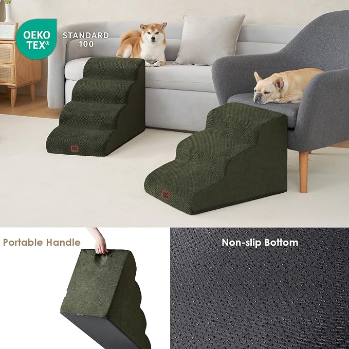 EHEYCIGA Curved Dog Stairs Ramp, 3-Step Dog Steps, 15.7" H Pet Step | 33D density of pure foam, for Small Dogs and Cats, Pet Stairs for High Bed Climbing, Non-Slip Balanced Indoor, Military Green