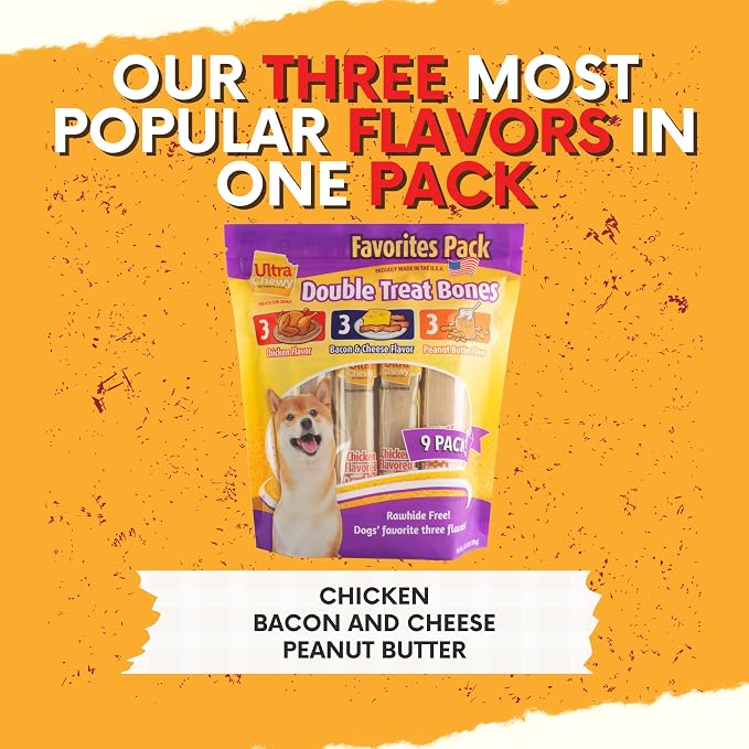 Ultra Chewy Favorites Double Treat Bones, Assorted Flavors, 2 Packs | 9 Bones Per Pack, Made in The USA, Healthy Treats, Easy to Digest, Promotes Dental Health