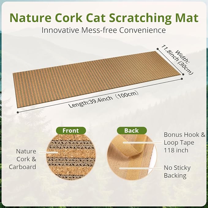 Natural Cork Cat Scratcher Mat with No Pre-Applied Adhesive, Bonus 118inch Hook-Loop Tape. Cat Scratching Toy DIY, Replacement for Cat Tree, Post, Ramp and Wall Shelves (Oak Wood, 39.4 x 11.8 Inch)