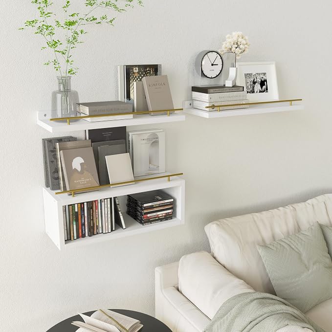 Floating Shelves for Wall with Cube Shelf, Wall Shelves with Metal Rail for Decor, Bathroom Organizers and Storage, Over Toilet Shelves for Bathroom, Toilet Paper-White&Gold