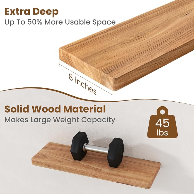 Floating Shelves for Wall, 24"Wx8"D Rustic Solid Elm Wood Floating Shelves Wall Mounted, Round Edge Wall Shelves with Invisible Bracket for Living Room Bathroom Bedroom Kitchen, Set of 2, Natural