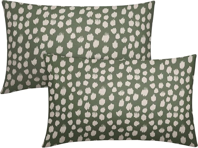 Dark Sage Green Cream Dots Lumbar Pillow Covers 12x20 Set of 2 Boho Design Polka Dot Print Throw Pillows Modern Outdoor Decorative Pillowcase Rectangle Linen Cushion Cases Decor for Sofa Couch Bed