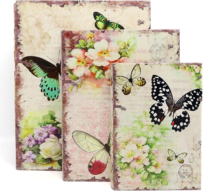 Jolitac Decorative Book Boxes World Map Pattern Antique Book Invisible box with Magnetic cover, Faux Wood Set of 3 Storage Set (Butterfly)