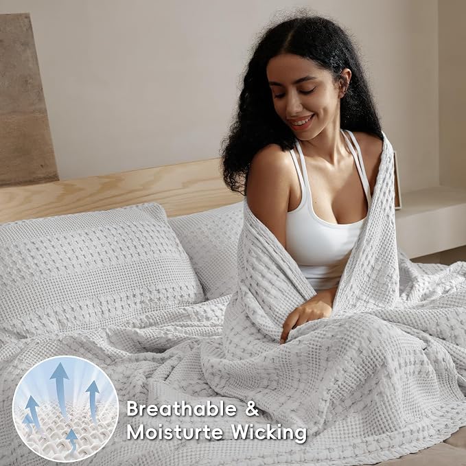 PHF 100% Cotton Waffle Weave Blanket King Size, Lightweight Breathable Summer Blanket for Hot Sleepers, Pre-Washed Soft Layer for Bed, Couch, Home Decor Gift, 108"x90", Light Grey