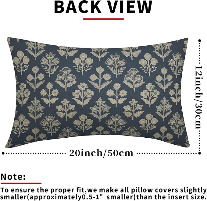 Dusty Blue Pillow Covers 12x20 Inch Set of 2, Cream Floral Block Print Pattern Lumbar Decorative Throw Pillowcases Outdoor Farmhouse Rectangle Cushion Covers Spring Summer Sofa Couch Bed Decor