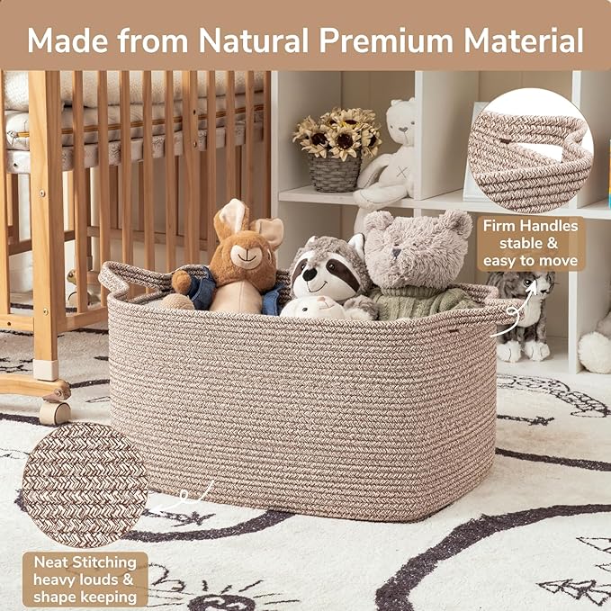Goodpick Large Woven Rope Blanket Basket, Rectangle, Brown, 75L | 21.6'' x 14.9'' x 11.8'' Storage Basket for Blankets, Toys & Clothes, Living Room & Nursery Organization, Reinforced Handles