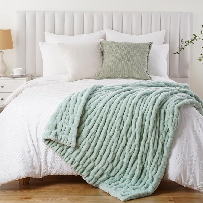 BATTILO Super Soft Faux Fur Throw Blanket for Couch, 60"x80", Sage Green | Sage GreenThrow Blanket, Double Side Cozy Warm Soft Minky Bubble Blanket For Bed, Sofa Living Room
