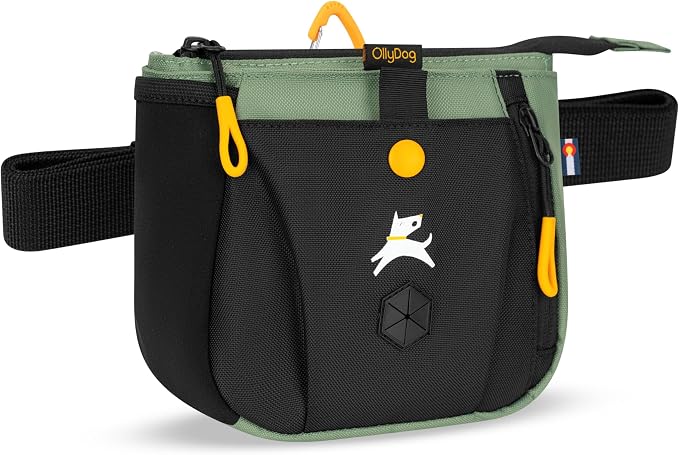 OllyDog Backcountry Day Bag | Dog Training Treat Pouch | Eco-Friendly Recycled Fabric Fanny Pack with Zipper Closure, Built-in Poop Bag Dispenser & Adjustable Waist Belt (Olivine)