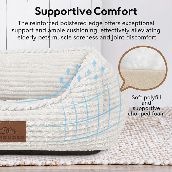 Zerbuger 25in Cream Rectangle Cat Dog Bed Machine Washable Sleeping Sofa | for Large Medium Small Pets Indoor Outdoor, Non-Slip Bottom Soft Puppy Bed Durable Orthopedic Calming Pet Cuddler